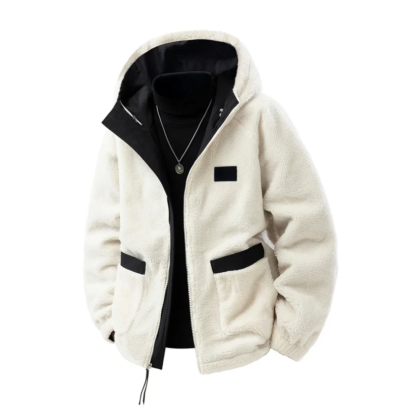 

2025 Winter Fleece Double Sided Jackets Hooded Outwear Solid Warm Coats Man Loose Casual Zippers Daily Hooded Jacket Sports Coat