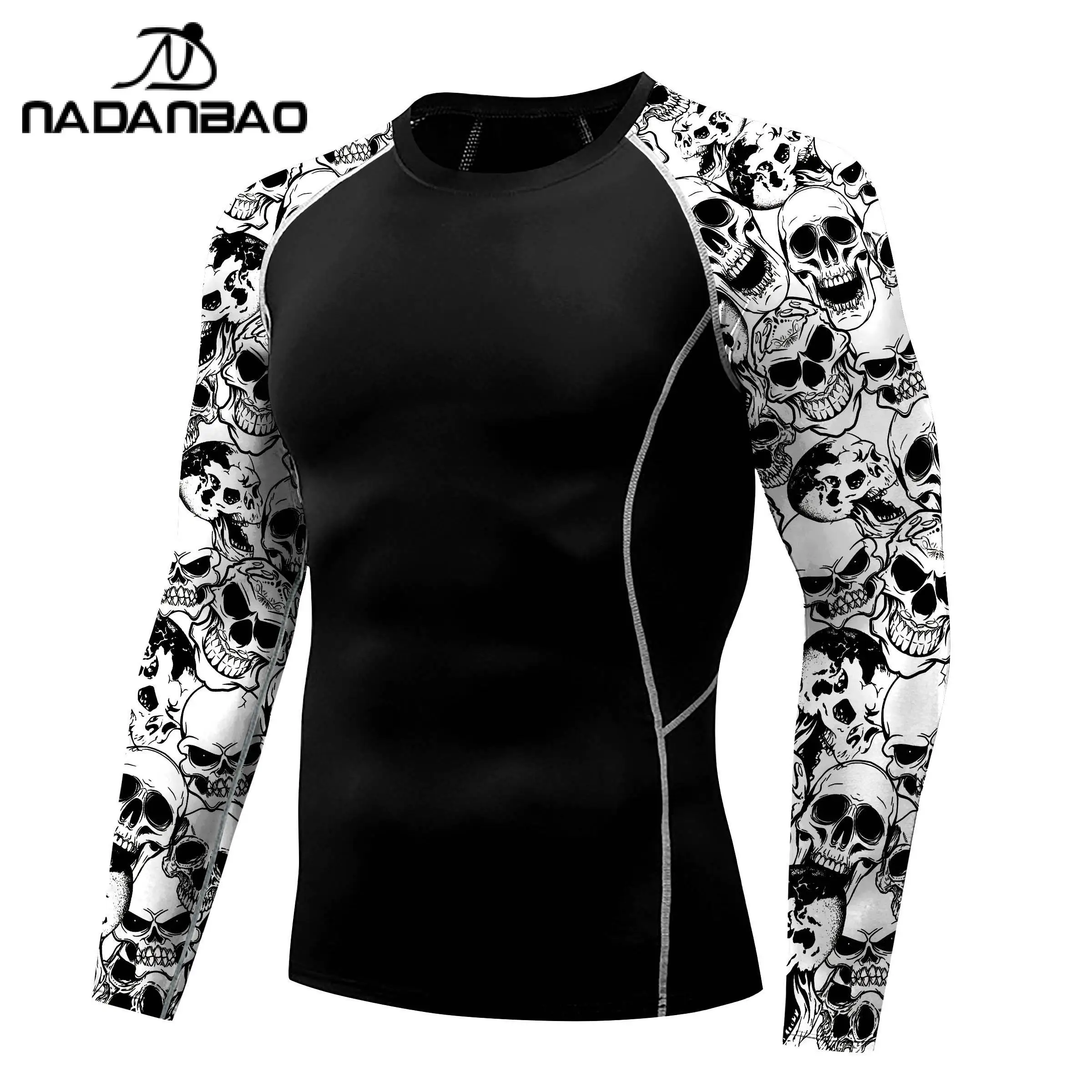 Nadanbao Men Long Sleeve Fashion Surfing Wetsuit Skull Print Fitness Swimsuits Beach Swimwear Black Surfing Beachwear Top