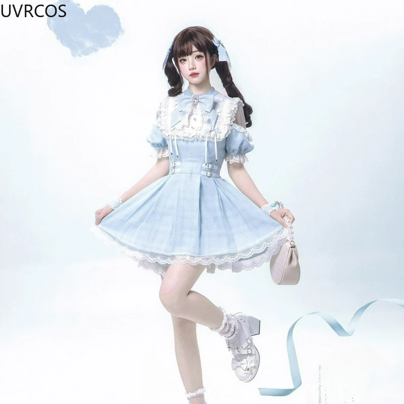 Japanese Sweet Lolita Bow Dress Shorts Set Women Kawaii Lace Ruffles Off Shoulder Plaid Shirts Dress Gothic Y2k Slim Party Dress