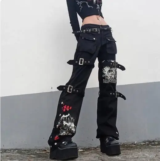 Cyber Punk Unisex Cargo Wide Leg Pants Chain Bandage Ruched Tie