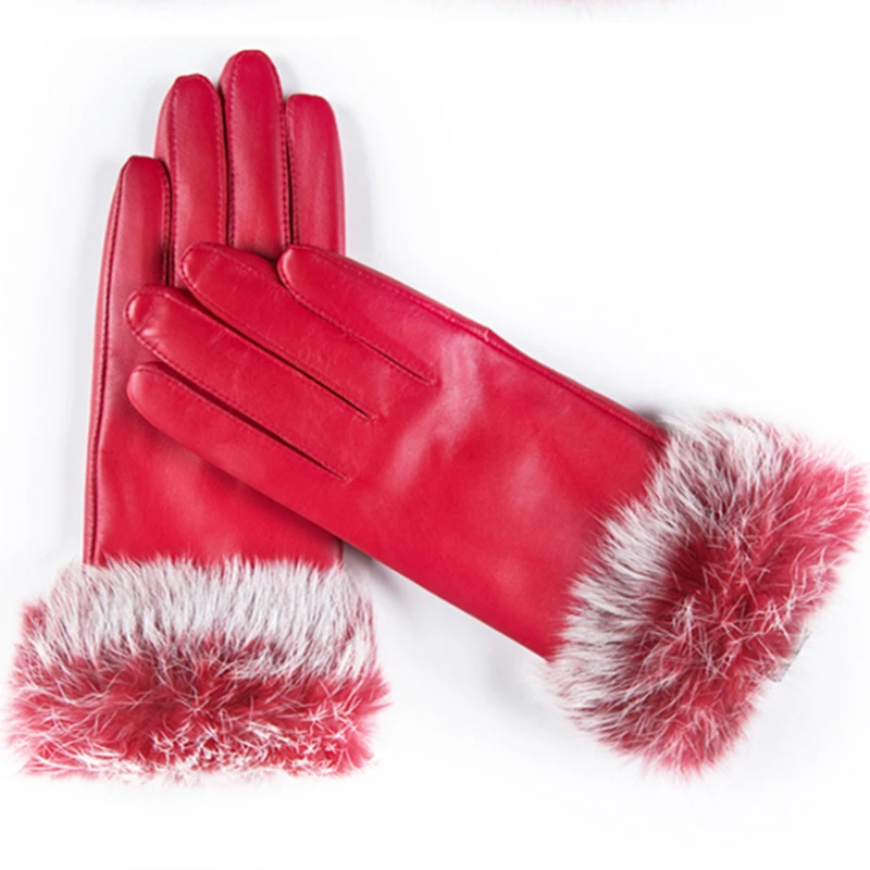 GOURS Winter Real Leather Gloves Women Brown Genuine Goatskin Gloves Fleece Lining Warm Soft Real Rex Rabbit Fur Driving GSL007