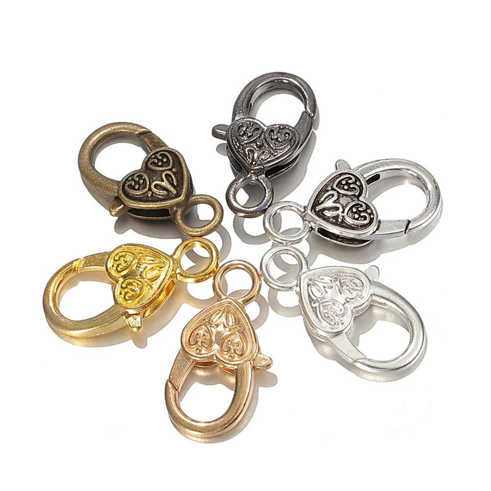 10pcs Metal Heart-Shaped Lobster Clasp Connectors Vintage Engraved Heart Alloy Keychains for DIY Pendant Jewelry Making