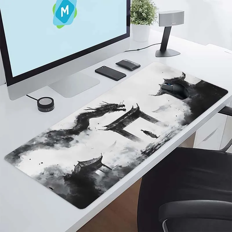 

Игровой коврик для мыши Ink Wash Dragon Temple, удлиненный, с нескользящей резиновой основой, для офиса и игр