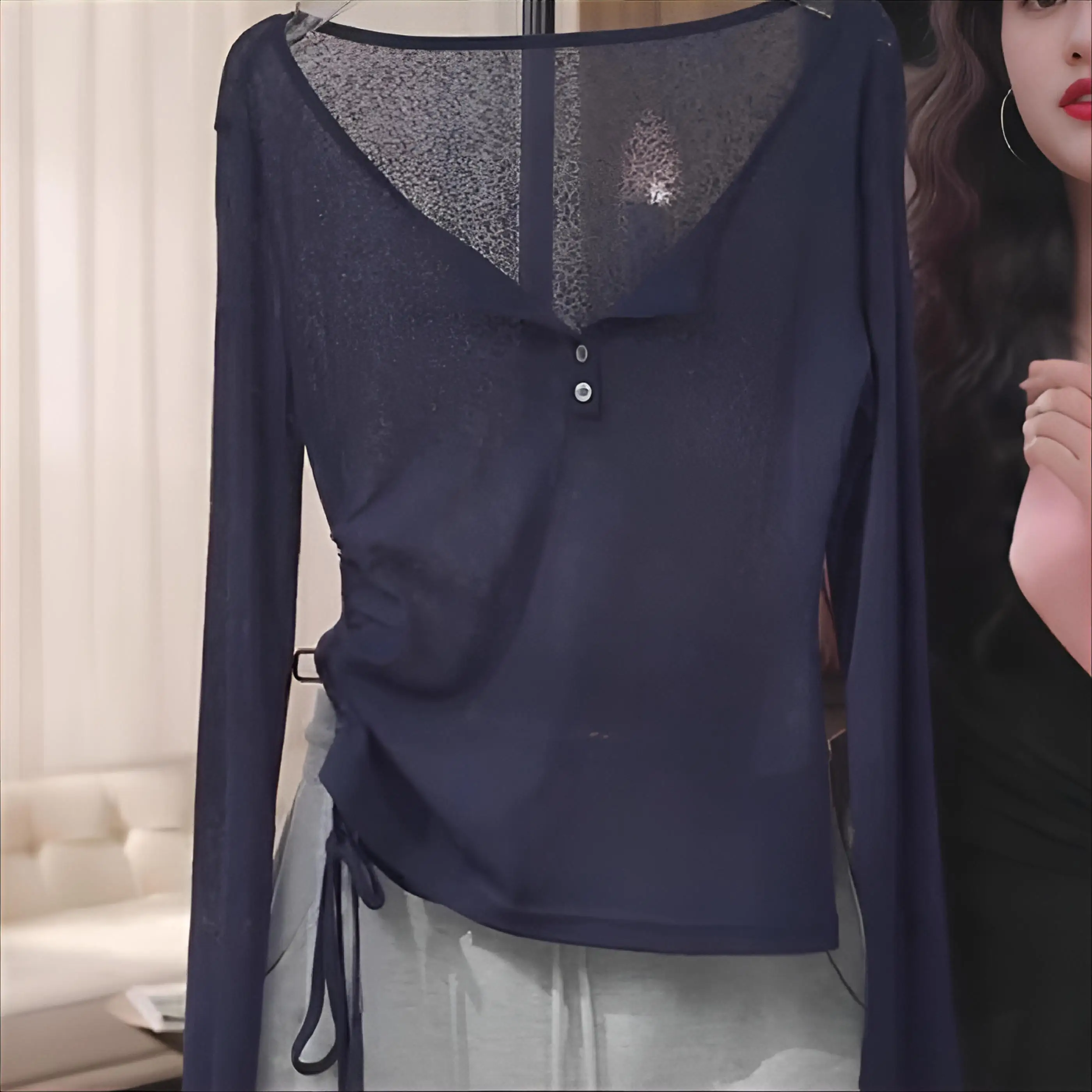 

Long Sleeved T Shirts Woman Cotton Womens Autumn Balloon Sleeve Button Tab Collar Academic Student Minimalist College Solid