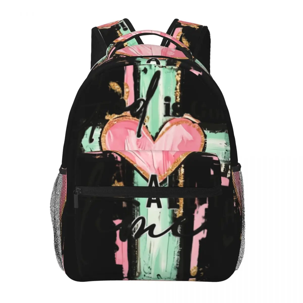 BP0171 - Center God Cross Heart Quote - Painted Christian Faith - Mint Green Pink Gold Black