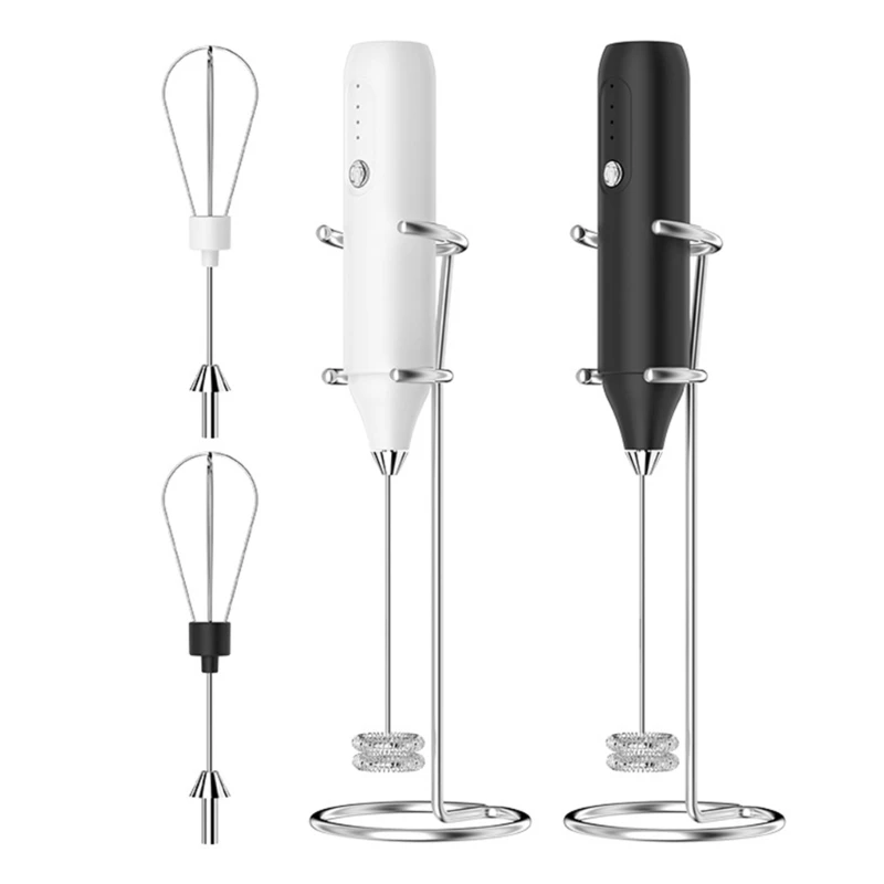 M7DF Handheld Milk Frother with 2 Stainless Steel Whisk Heads and Stand for Coffee