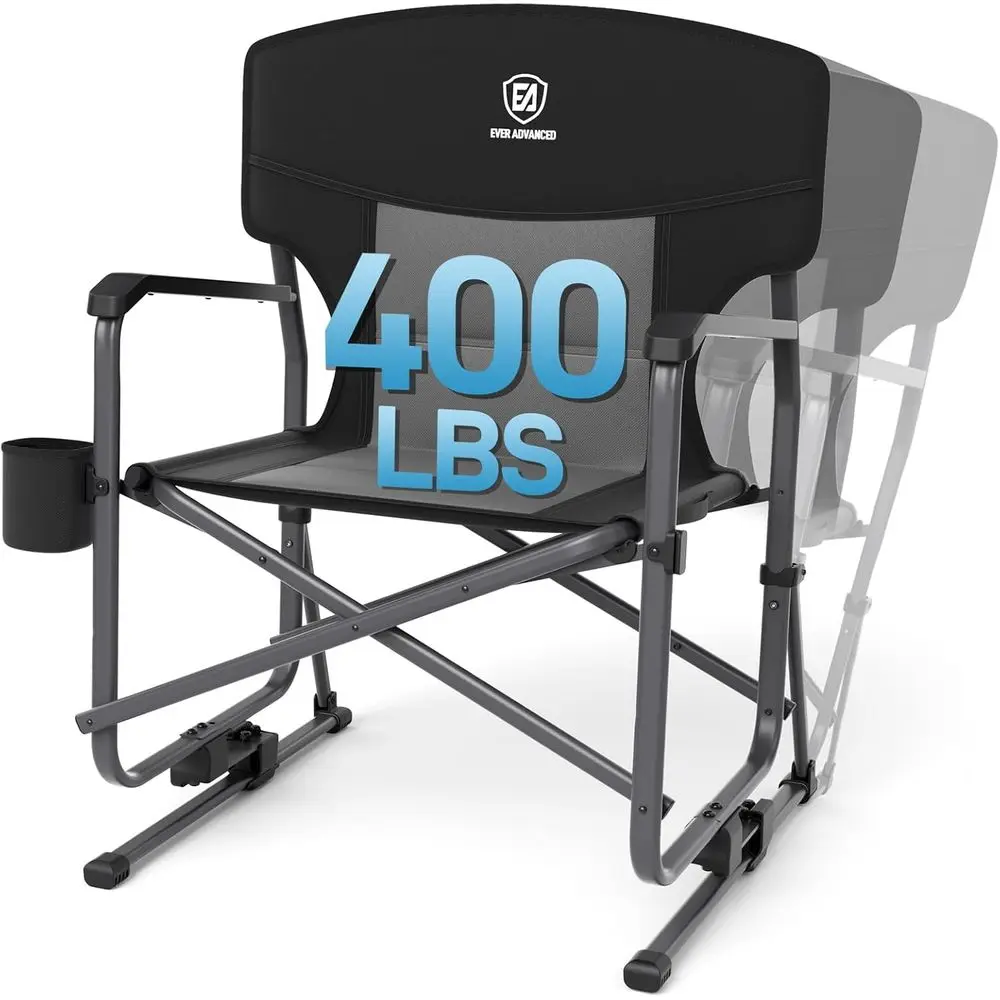 

Rugged Black Camping Rocker Chair, 400 lbs Capacity, Easy Setup, Portable, Outdoor & Patio Use, 17 lbs, 25x25x38 inches.