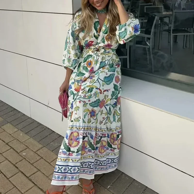 Cut Out Print Long Dress Women Boho Knot Floral Midi Dress Summer Puff Sleeve Elegant Dresses Tied Ruched Holiday Dresses