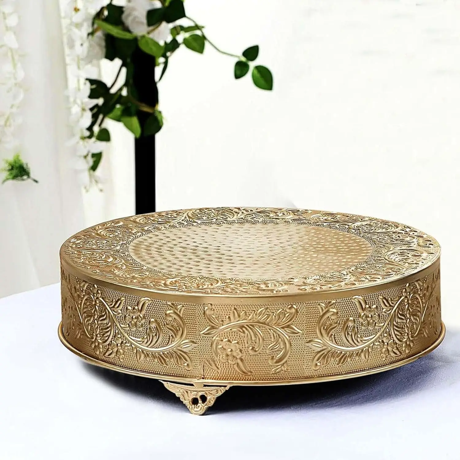 

18" Gold Embossed Metal Cake Stand, Wedding Dessert Table Display Riser