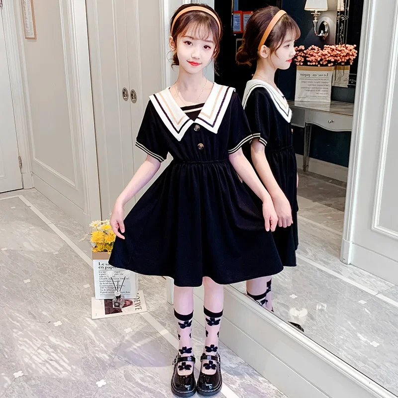 2024 preppy summer Kids patchwork Child Clothes Teenager School sailor bow JK striped Uniform Dress Girls Daily Wear 6 9 12 yaer