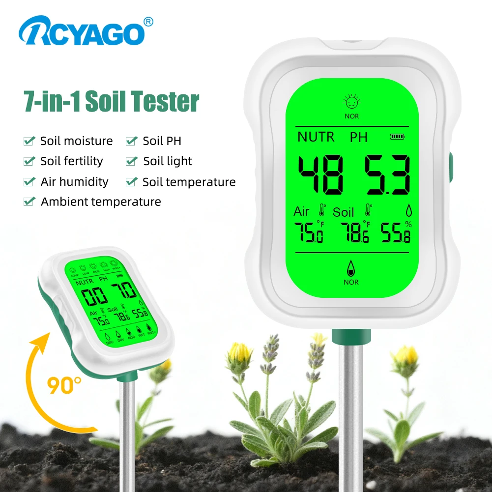 Medidor digital de pH do solo RCYAGO 7 em 1, luz solar, fertilidade, temperatura do ar e testador de umidade com display retroiluminado para plantio de jardim