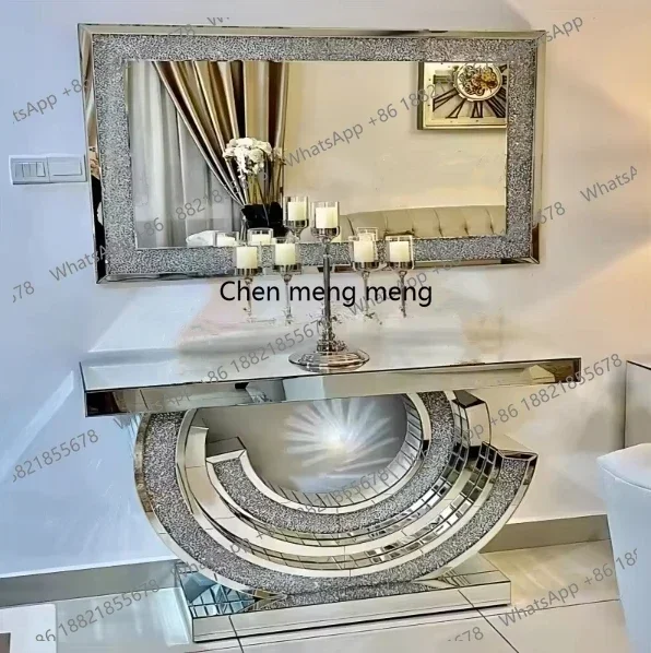 ZZWholesale Console Table Crushed Crystal Diamond Console Table Set with Mirror Modern Hotel Furniture Picture 1 Set