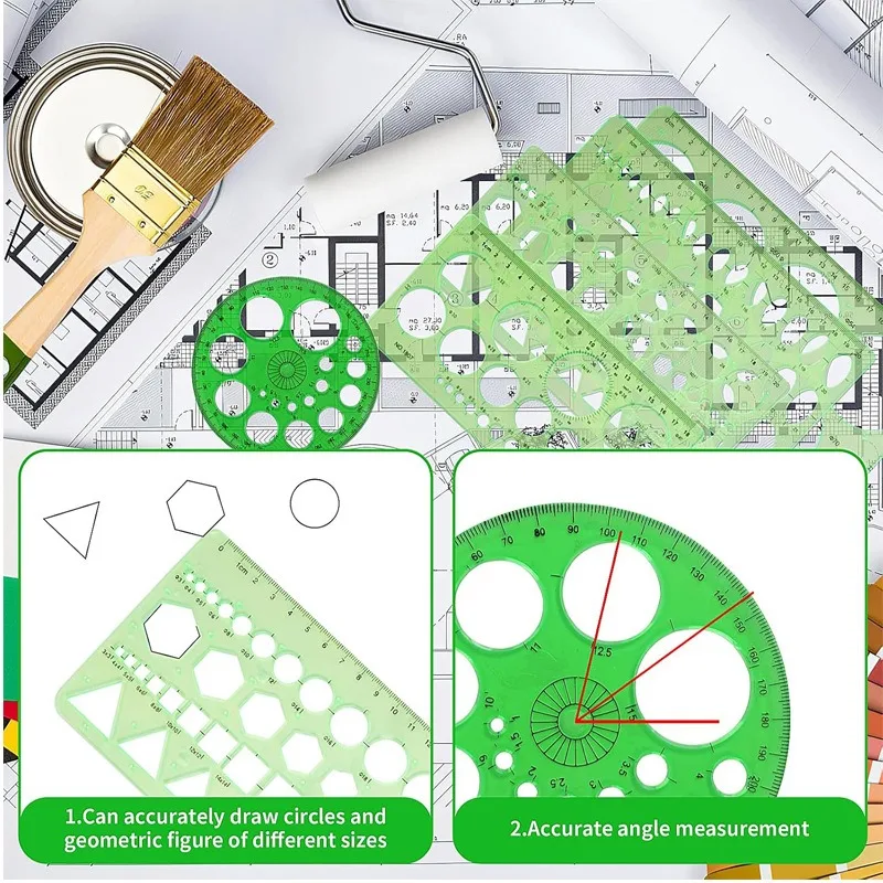 Multi‑pcs Plastic Circular Drawing Template Set, Transparent Graduated Geometric Ruler Template for Digital & Manual Drawing