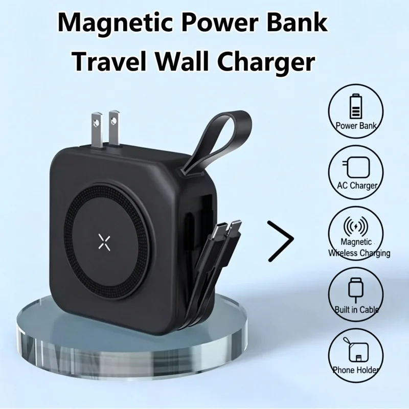 5 in 1 Magnetic Wireless Power Bank with Cable Plug Wall Charger 22.5W Fast Charging Portable Powerbank for iPhone 17 16 Samsung