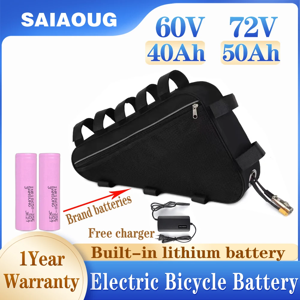 18650 72V 50Ah Triangle Ebike Battery 36V 48V 52V 60V40ah Lithium Ion Batteries with Bag for Electric Bicycle Motor Bafang BBS01