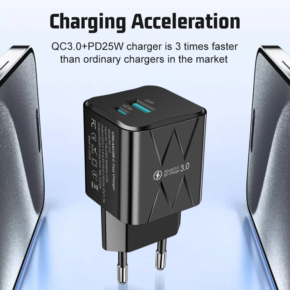 25W PD QC3.0 Dual Port Fast Charger EU Plug Power Adapter for iPhone Samsung Xiaomi Multiple Safety Protection Travel Charger