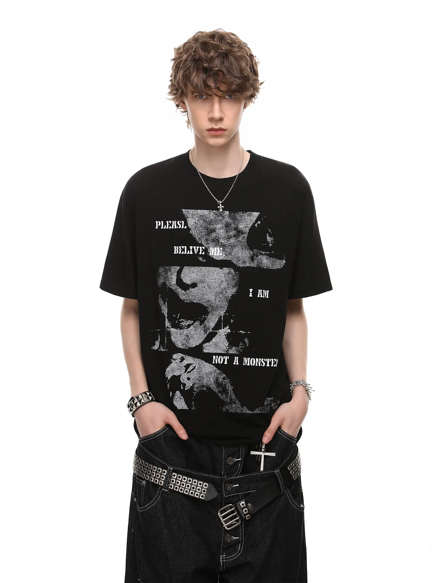 Summer Men's Dark Vintage Punk Black Figure Print Loose Casual T-shirt American Streetwear White Round Neck Short Sleeve Tops
