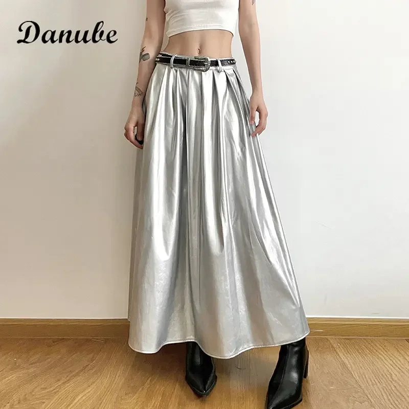 

Vintage Glossy Sliver Maxi Skirt Women Summer Korean High Waist A Line Pleated Long Skirt Female Elegant Ruffles Patckwork Skirt