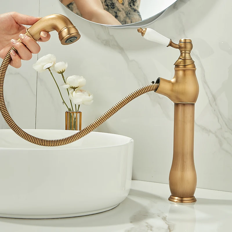 Retro europejskie baterie umywalkowe złote, mieszaczowe, z ceramiczną dekoracją, chromowane, jednouchwytowe, do ciepłej i zimnej wody, montowane na blacie. — zdjęcie 5