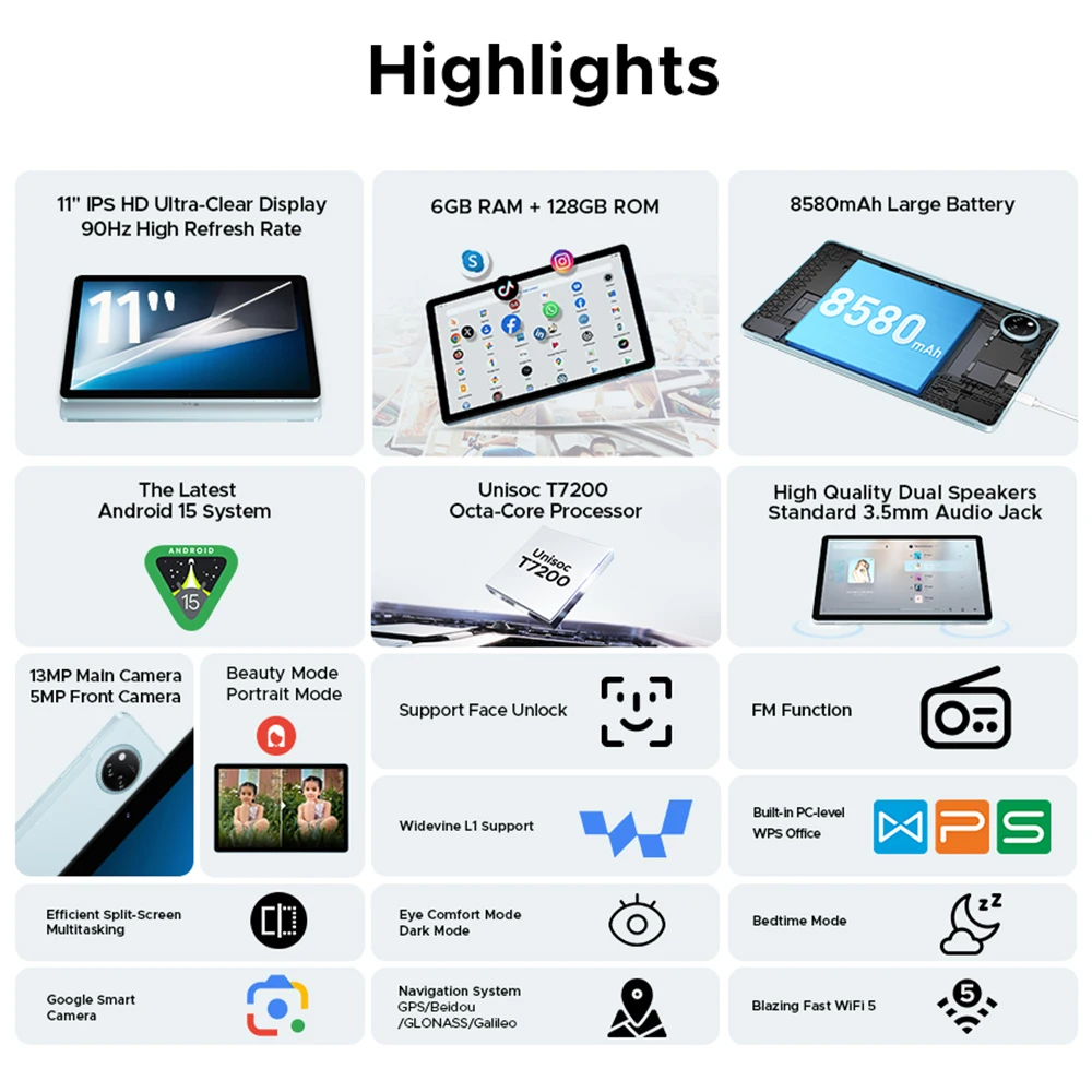 【العلامة التجارية+】Doogee Tab A9 Pro+ Tablet Pc 11 بوصة Android 15 30Gb Ram(6+24) 128Gb Rom 8580Mah Battery Widevine L1 Support