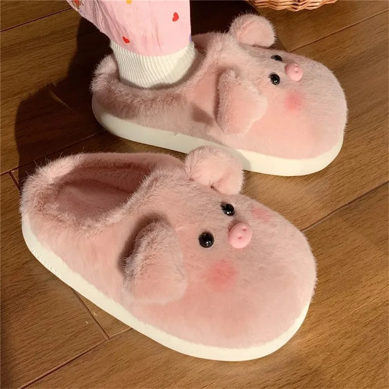 Yasuk Autumn Winter Fashion Women\'s Girl Casual Soft Indoor Slippers Furry Non-Slip Lovely Sweet Pink Pig Warm Girl Thick