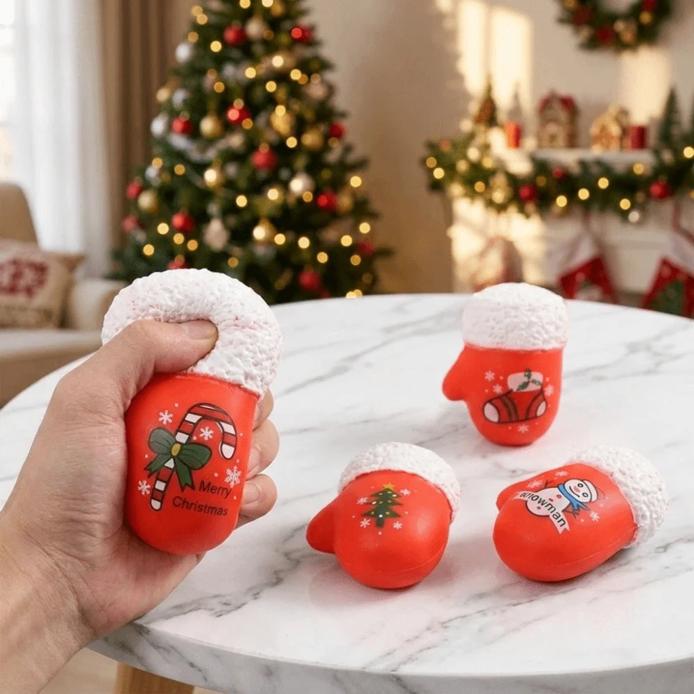 TPR Christmas Glove Squishy Toy Soft Snowman Pattern Fidget Squeeze Toy Slow Rebound Anxiety Relief Xmas Glove Squeeze Toy
