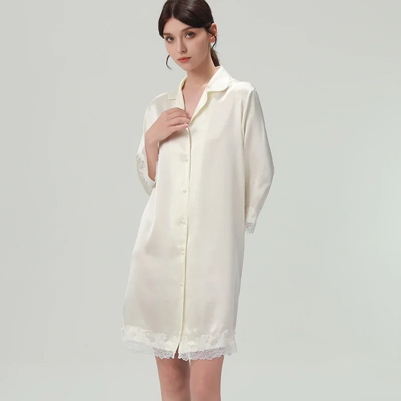 

19 мм 100% шелковая сорочка шелковицы, ночная рубашка с кружевной отделкой, ночная рубашка на пуговицах с лацканами, ночная рубашка с длинными рукавами, домашняя одежда, ночная рубашка PJ