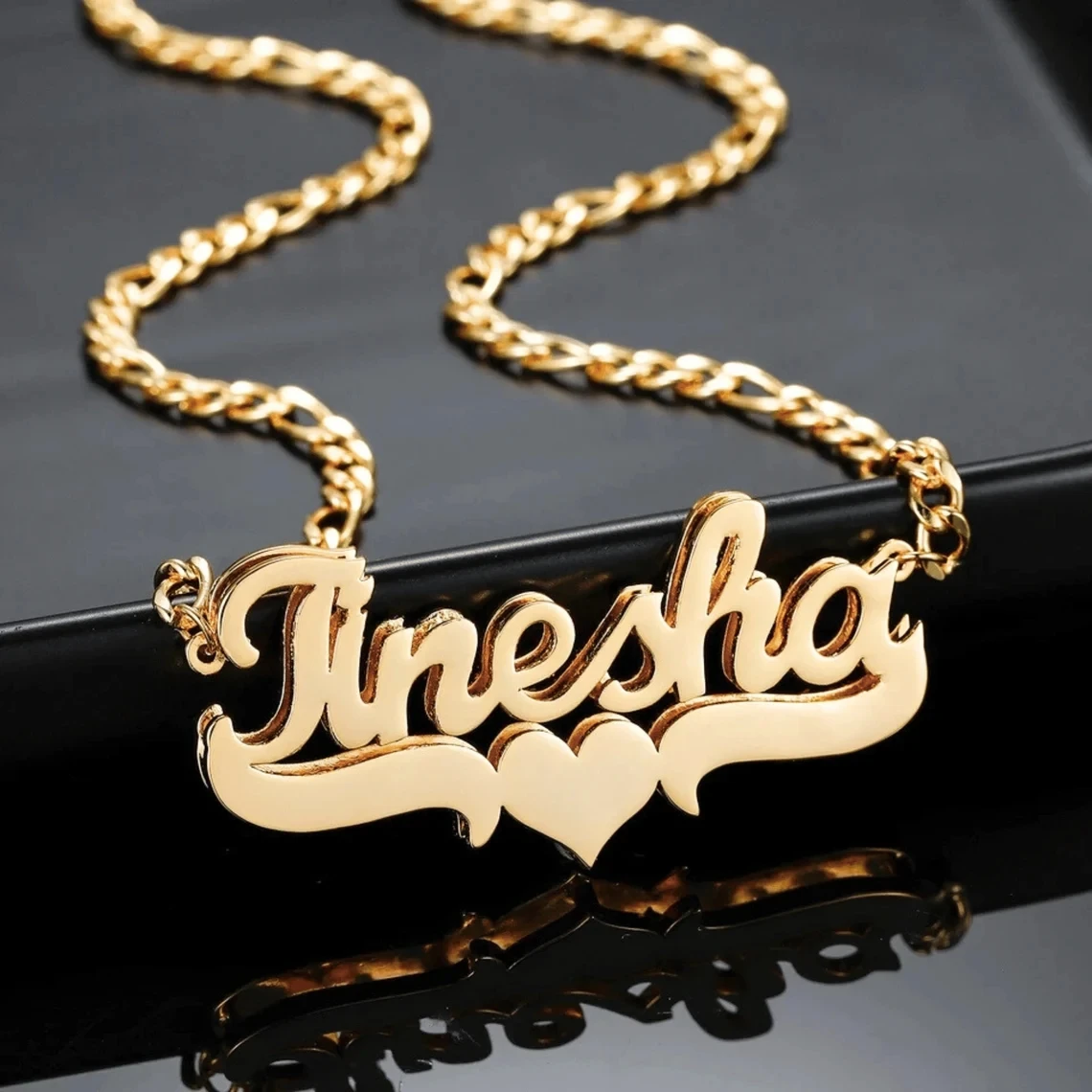 

Customized Double Layer Welding Name Necklace for Women Stainless Steel Personalized Heart Pendant Thick Figaro Chain Party Gift