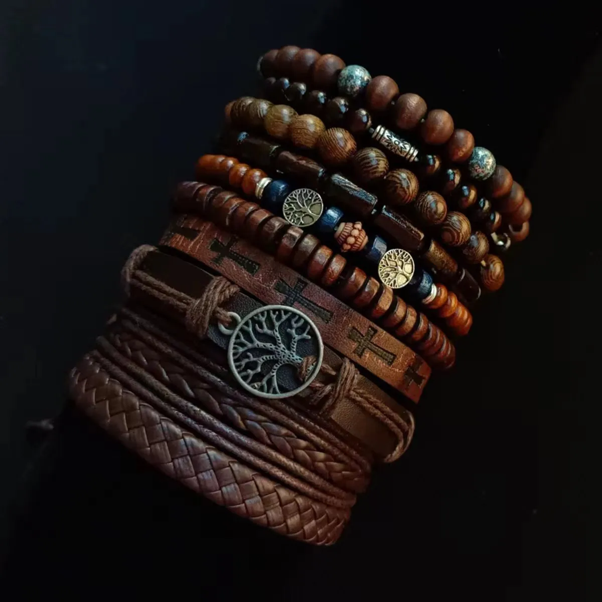 Khaki Tree 10 Pcs/set Black Wrap Woven Fashion Handmade Men Bracelets Male Women Leather Bracelets Men Bangle Wholesale Jewelry - Image 3