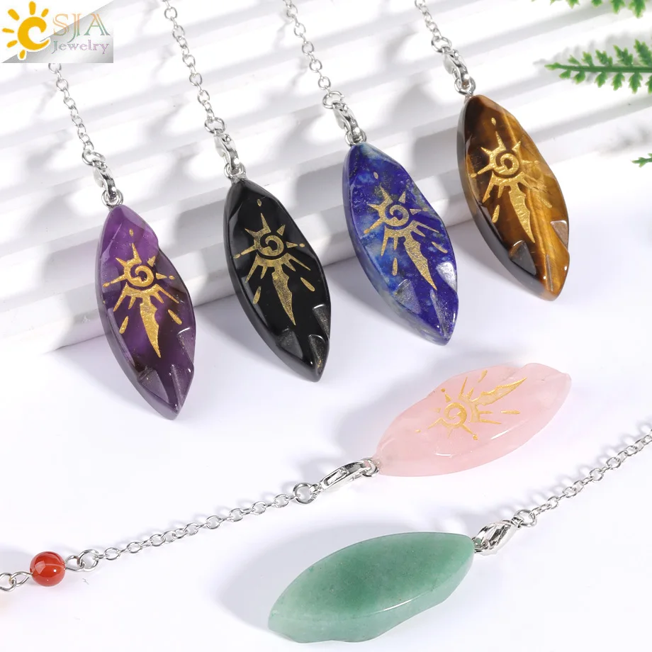 CSJA Reiki Rock Crystal Pendulum for Dowsing Divination Wicca Horse Eye Pendant Reiki Sun Symbol Spiritual Pendulo H560