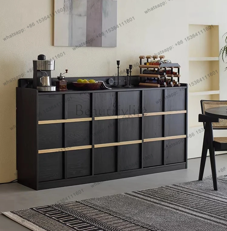 

Medieval rock slab dining side cabinet living room black floor retro storage solid wood locker