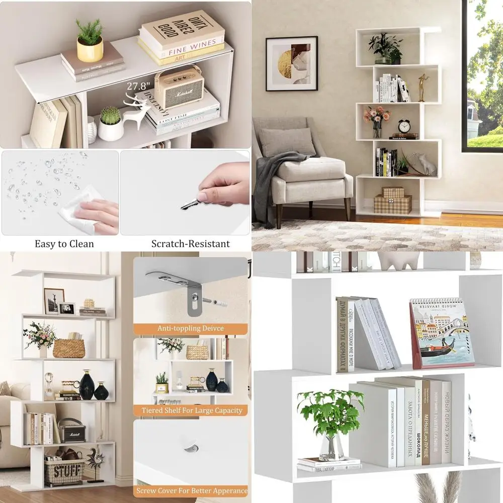 

5-уровневая белая книжная полка с геометрическим рисунком, S-образный современный деревянный книжный шкаф для домашнего офиса и декора спальни