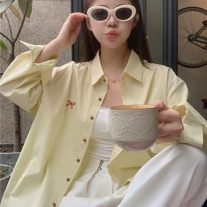 Bow Print Loose Korean Shirt Tops Spring Autumn New Long Sleeve Polo Neck Lazy Style Casual Blouse Fashion Sweet Women Clothing