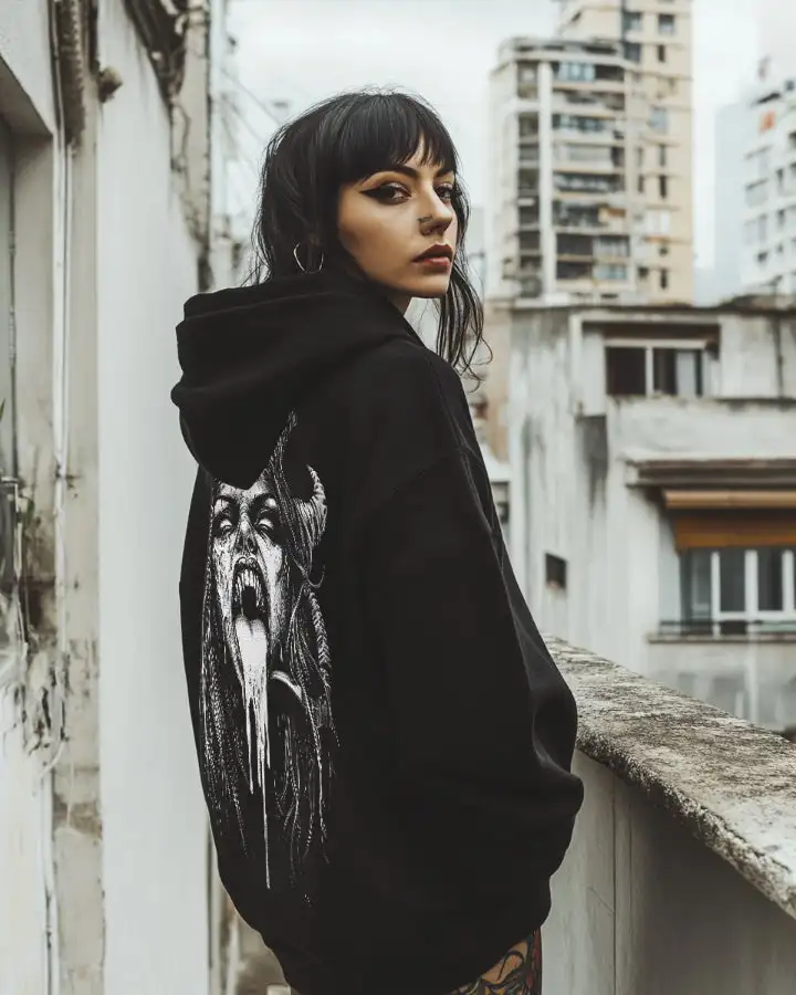 Herren-Hoodie mit Gothic-Teufelshorn-Motiv, Damen-Print mit Horror- und Dark-Art-Muster, Death-Metal-Punk-Streetwear, Herren-Oberteil – Detail 3