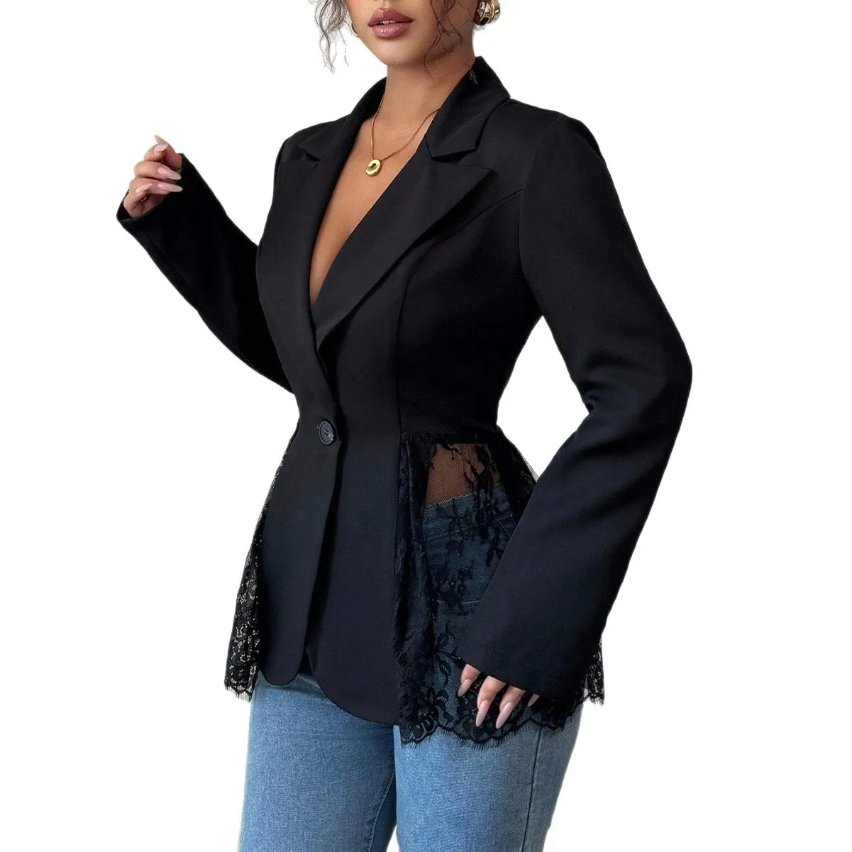 Women's Fitted Elegant Blazer with Notched Collar Long Sleeve Color Block Lace Single Button Midi Length Female Clothing