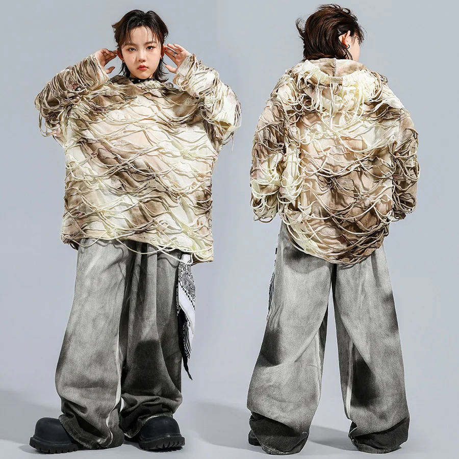 

Children Boy Girl Streetwear Hip Hop Ripped Hole Hooded Sweatshirt Dirty Pant Sets Kids Hoodie Trouser Tracksuit Clothes Costume