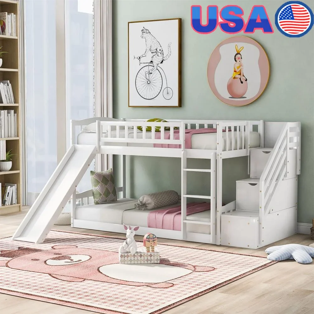 Space-Saving Twin Bunk Bed with Slide and Ladder Storage Drawers Guardrail Durable Design Kids Room