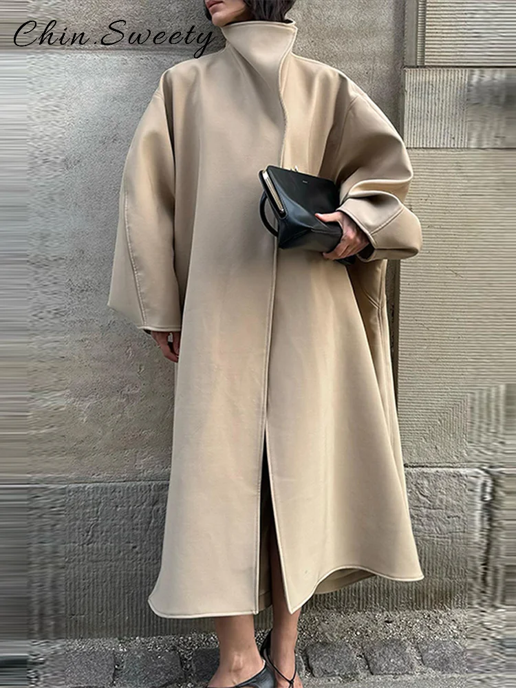 

Elegant Women's Batwing Sleeve Long Trench Coat Loose Solid Stand Collar Hidden Buckle Overcoats 2025 Autumn Winter Lady Outwear