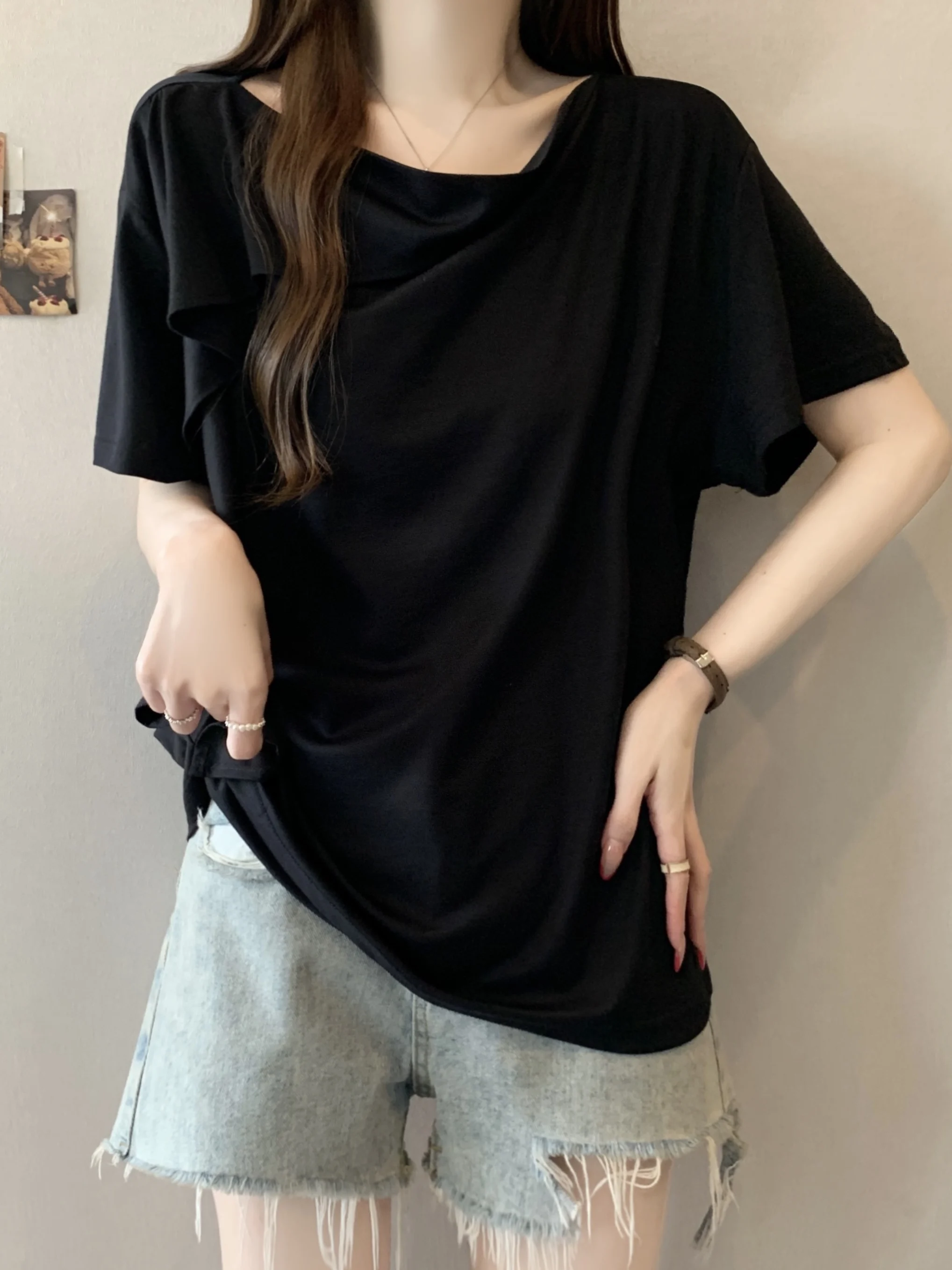 Slimming Short Sleeve T-Shirt Women's Summer Base Shirt Large Size Flounce  Drifting Belt Korean Style Creative Pattern