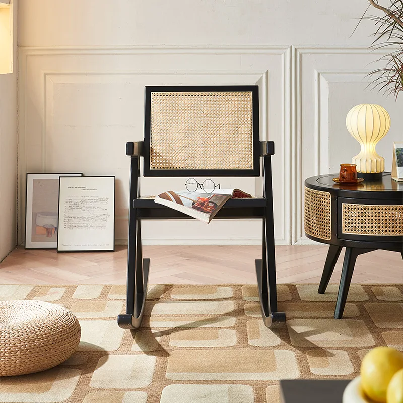 

Solid wood rattan rocking chair black simple homestay hotel creativity