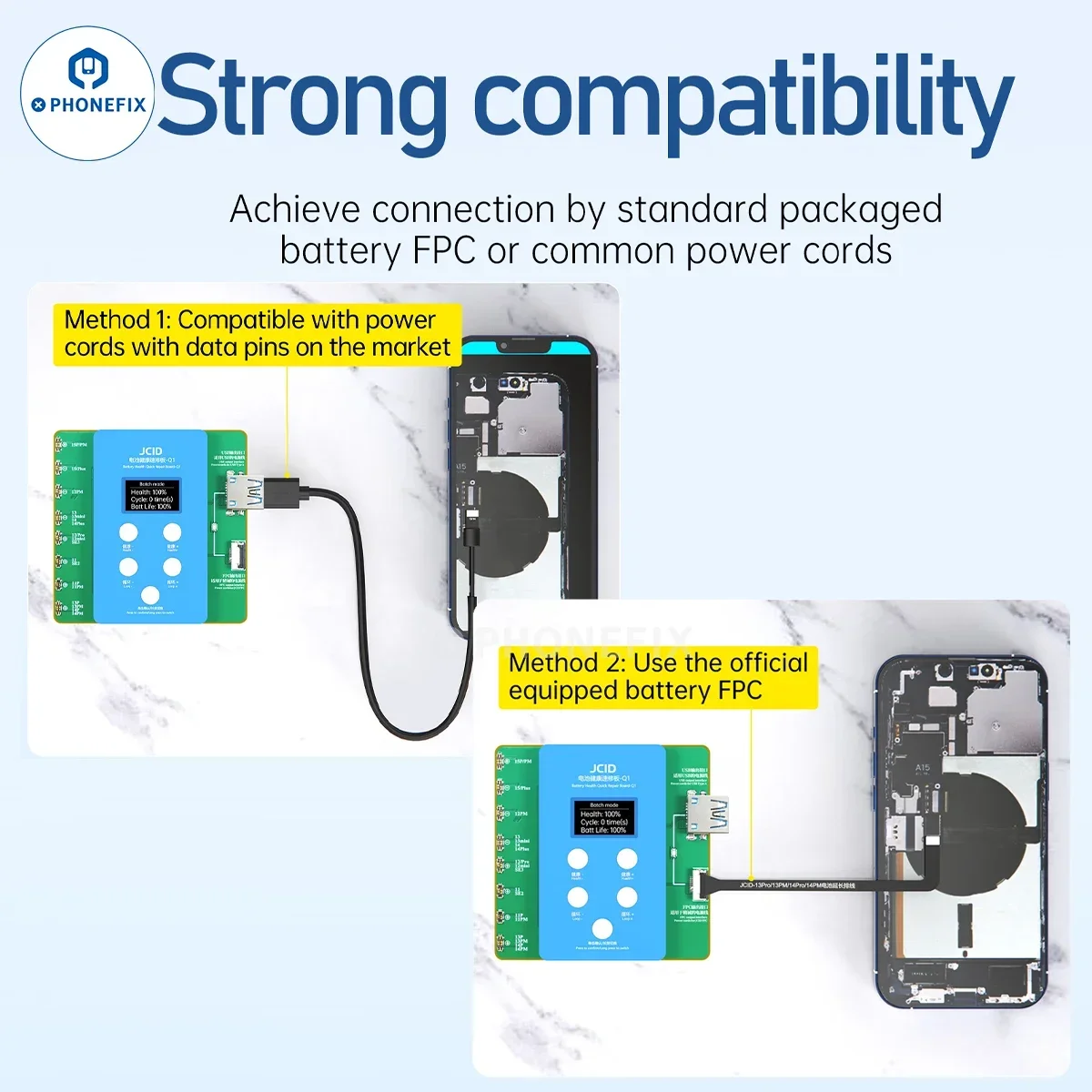 JCID Q1 แบตเตอรี่เครื่องทดสอบประสิทธิภาพแบตเตอรี่สุขภาพ Quick Repair Flex Cable สําหรับ IPhone 11-15 น. ปรับเปลี่ยนสุขภาพแบตเตอรี่ 100%
