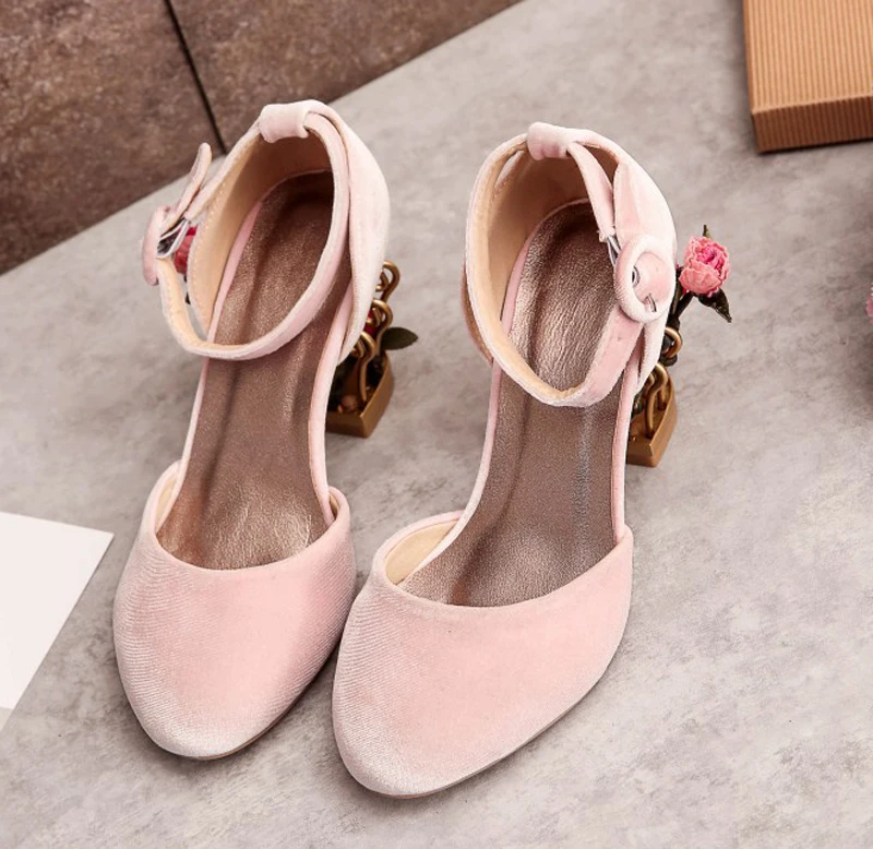 Red Pink Velvet Rose Flower Gold Cage Heels Sandals Woman Fretwork High Heel Round Toe Ankle Strap Woman Shoes Mary Jane Pumps