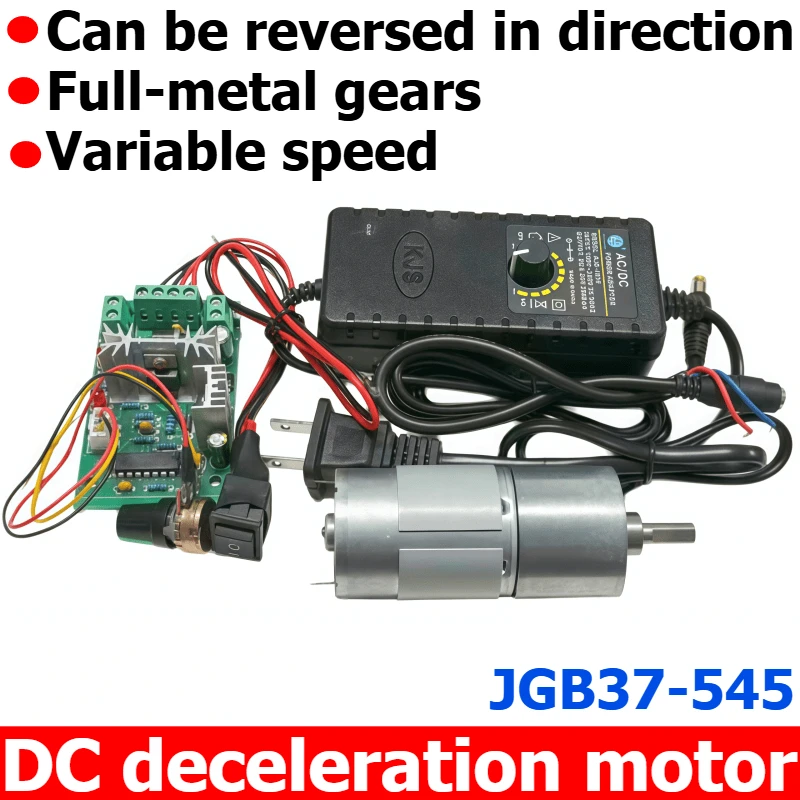 JGB37-545 Miniature DC Gear Reducer Motor with Speed Controller, Power Cord, Adjustable Power Supply, 12V/24V Motor