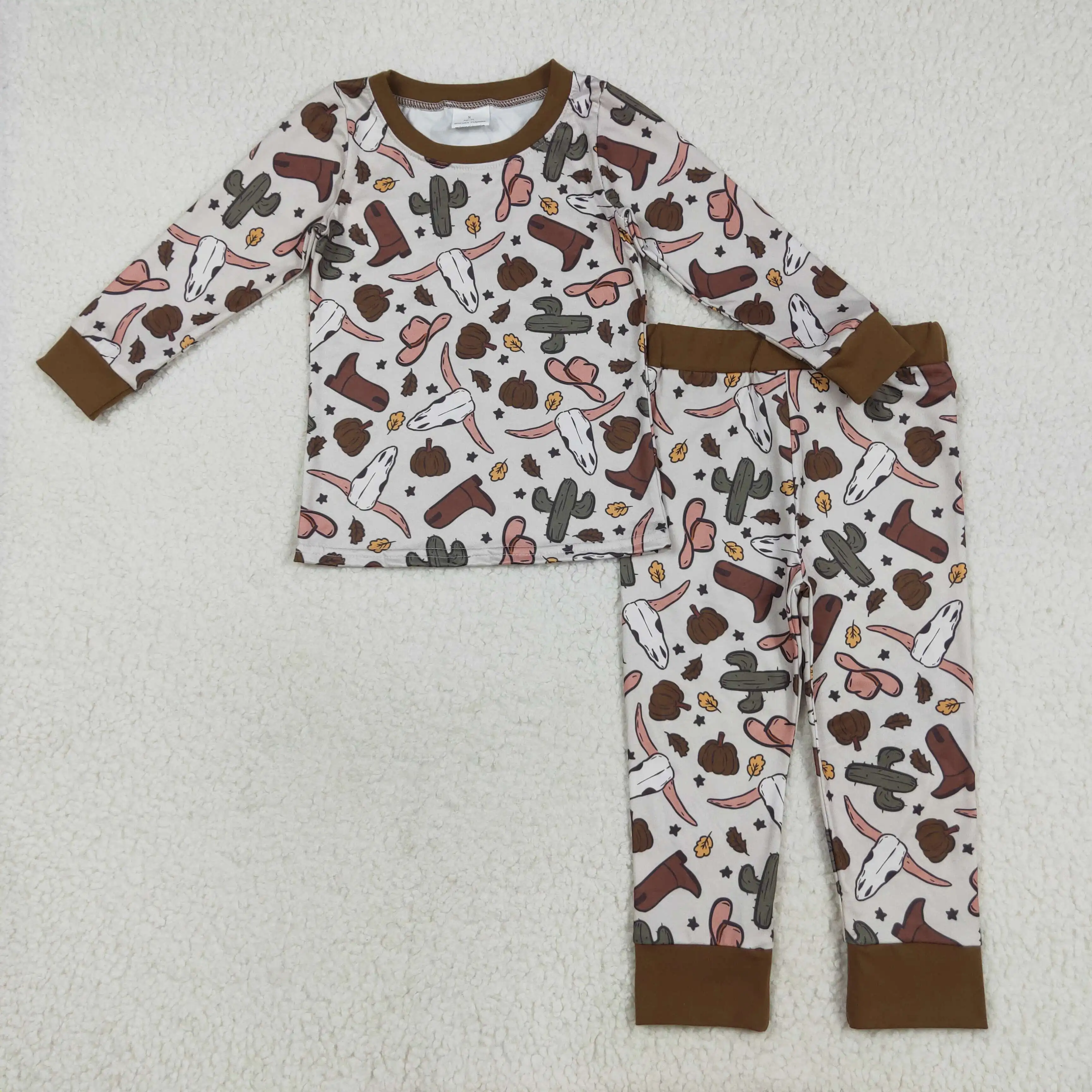 

Winter Western Cactus Cowboy Cattle Print Long Sleeve Pantsuit Boutique pjs Outfits for Boy Baby Clothe Kids Clothing