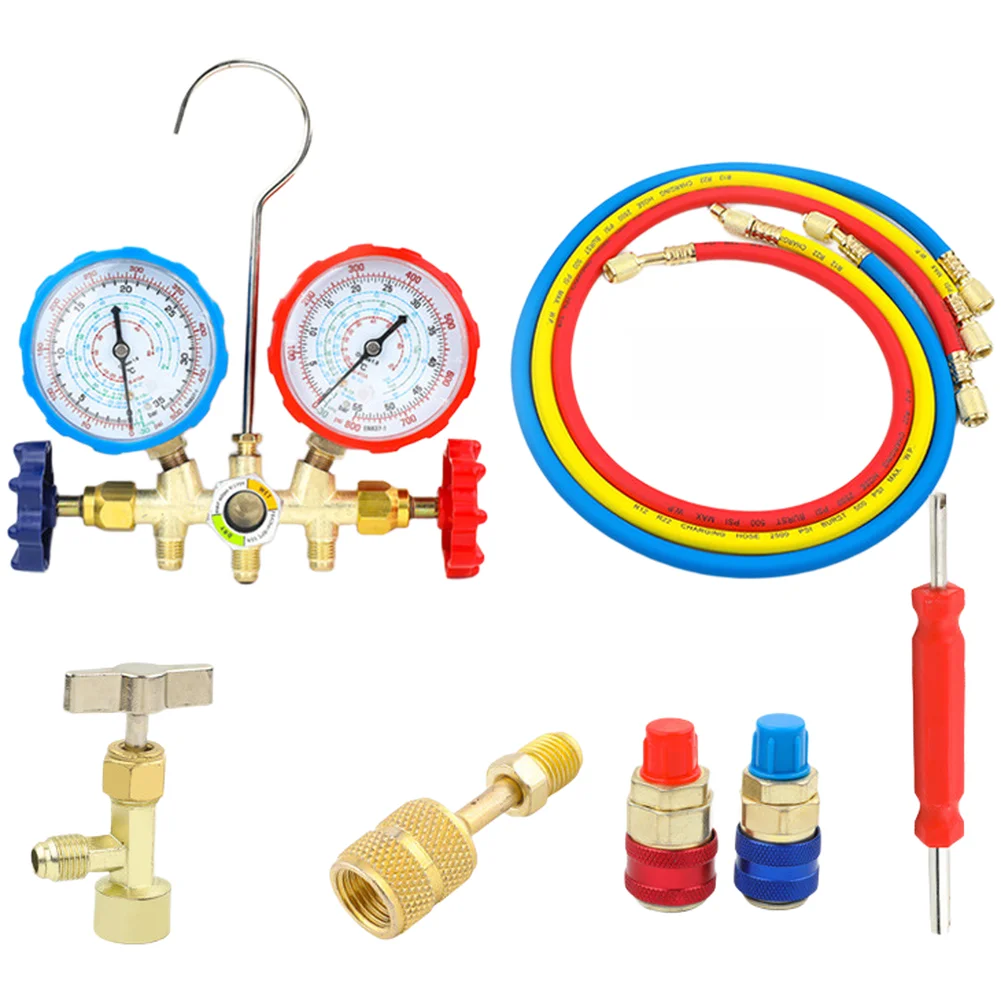 R22 R134a R410a Dual Gauge AC Charging Kit with Alloy Construction and Explosion Resistant Hose for Automotive and Home Use