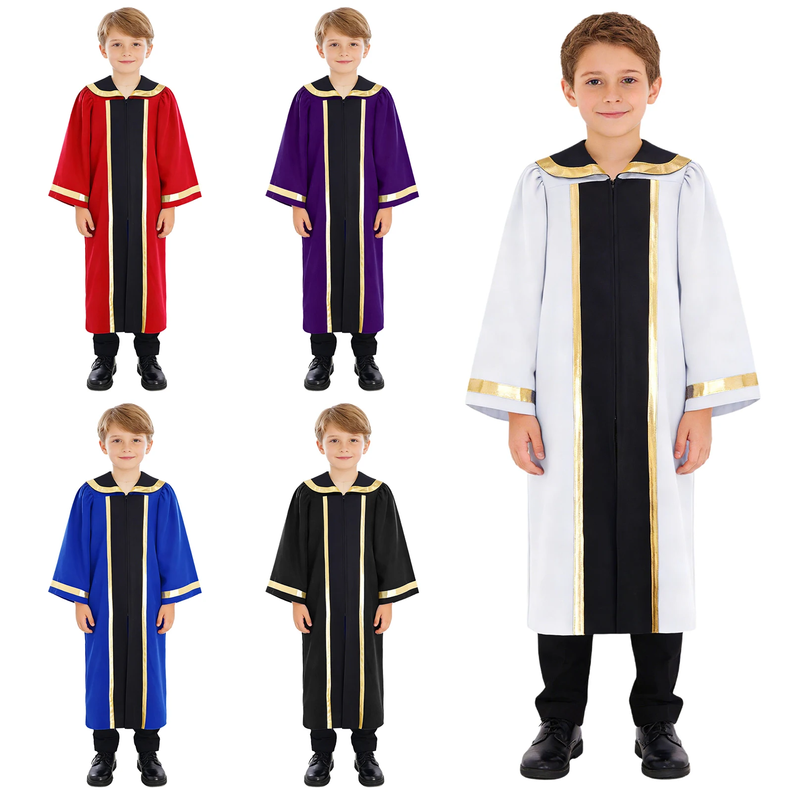 Kids Church Choir Worship Praise Dance Robe Boys Girls Long Sleeve Metallic Gown Christian Pastor Priest Halloween Costume