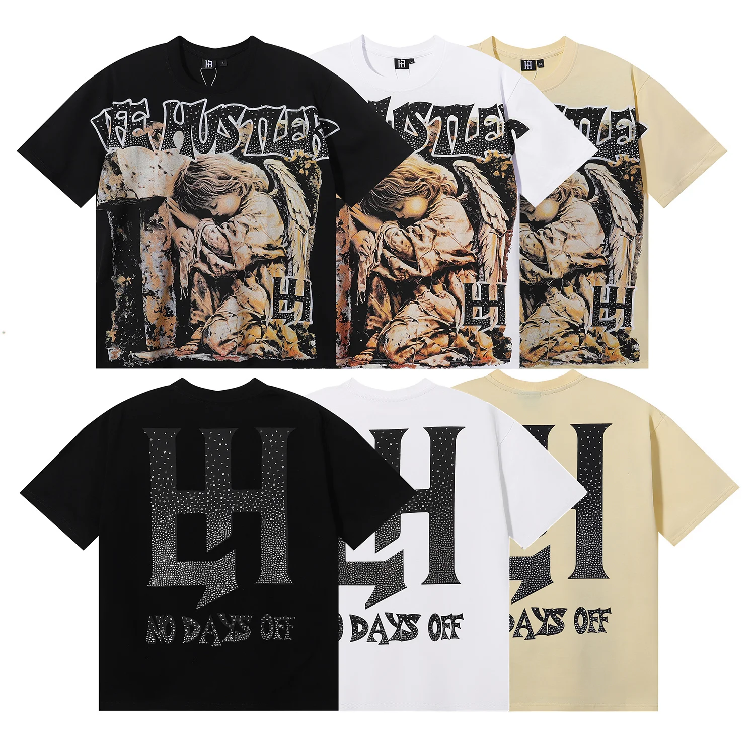 New Life Hustlers Vintage Angel Print Rhinestone Loose Fit Pure Cotton Short Sleeve T-Shirt Street Style Citywalk Casual Tee