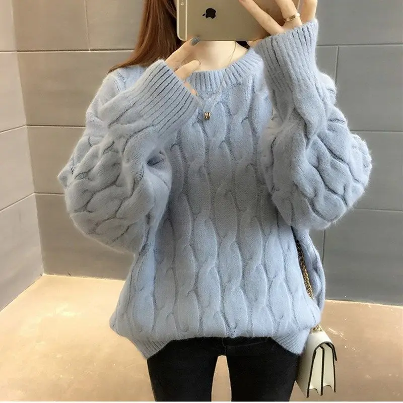 Fashion Loose Solid Color Long Sleeve Sweaters for Female All-match Simplicity Round Neck Knitted Pullovers Women\'s Clothing