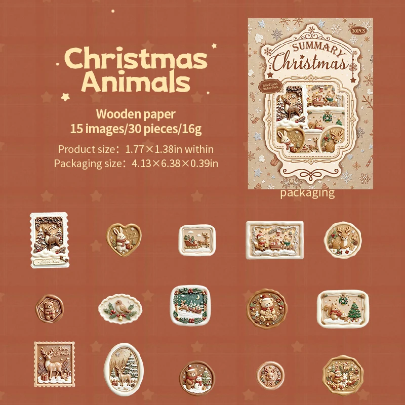 30 stuks retro kerstlabels, reliëf, gemengde vormen, feestdagenstickers voor junk journals, scrapbooking, planners en kaarten