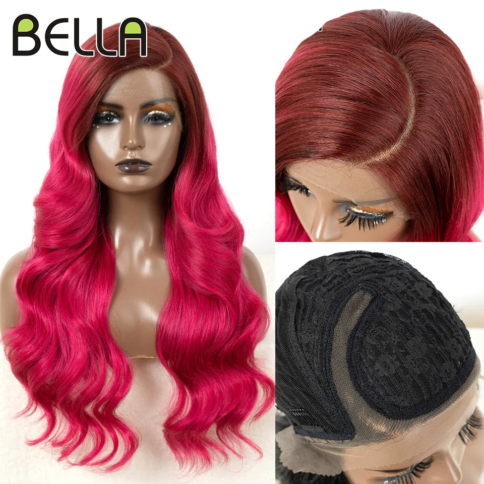 

Bella 26" Body Wave C Part Synthetic Lace Front Wigs Ombre Brown Blonde Rose Red Colored Cosplay Lace Front Wig For Black Women